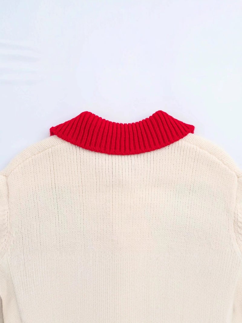 Retro Contrasting Color Christmas Flower Embroider Lapel Lazy Design Niche Knitwear - Image 5