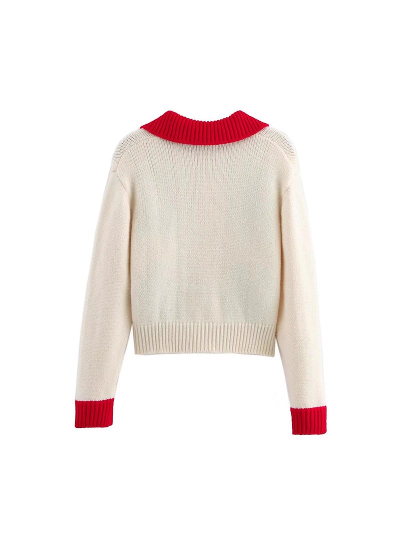 Retro Contrasting Color Christmas Flower Embroider Lapel Lazy Design Niche Knitwear - Image 3