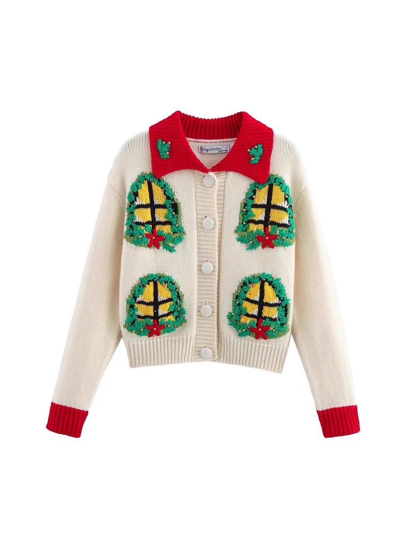 Retro Contrasting Color Christmas Flower Embroider Lapel Lazy Design Niche Knitwear - Image 2