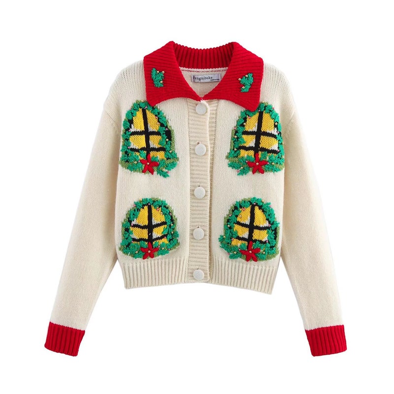 Retro Contrasting Color Christmas Flower Embroider Lapel Lazy Design Niche Knitwear - Image 1
