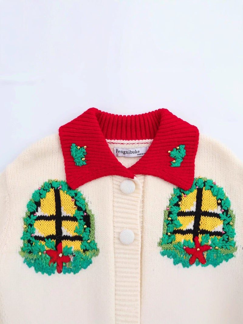 Retro Contrasting Color Christmas Flower Embroider Lapel Lazy Design Niche Knitwear - Image 4