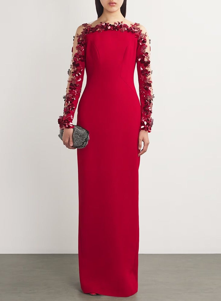 NIBEMINENT Red Evening Dress, Three-dimensional Floral Mesh Tulle Patchwork Long Dress, Beaded Dress For Ladies  - Image 1