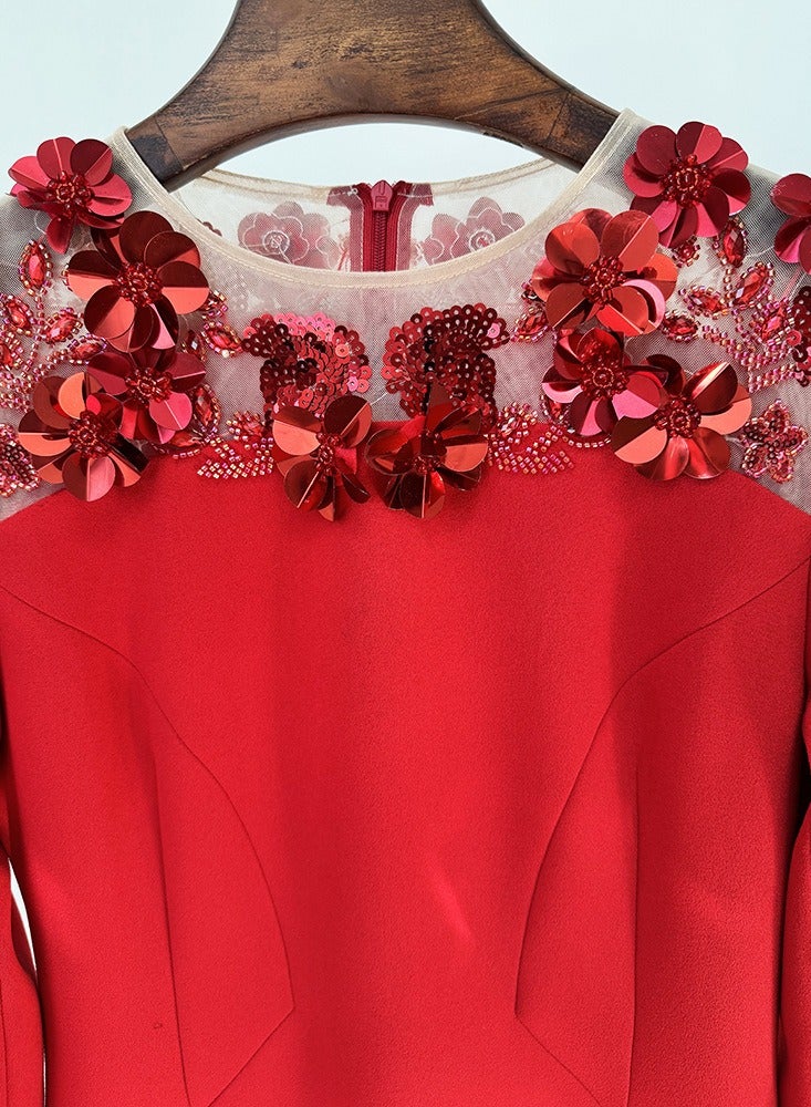 NIBEMINENT Red Evening Dress, Three-dimensional Floral Mesh Tulle Patchwork Long Dress, Beaded Dress For Ladies  - Image 2