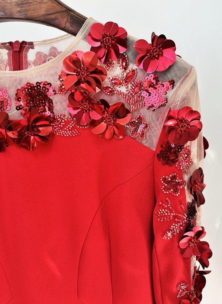 NIBEMINENT Red Evening Dress, Three-dimensional Floral Mesh Tulle Patchwork Long Dress, Beaded Dress For Ladies  - Image 3
