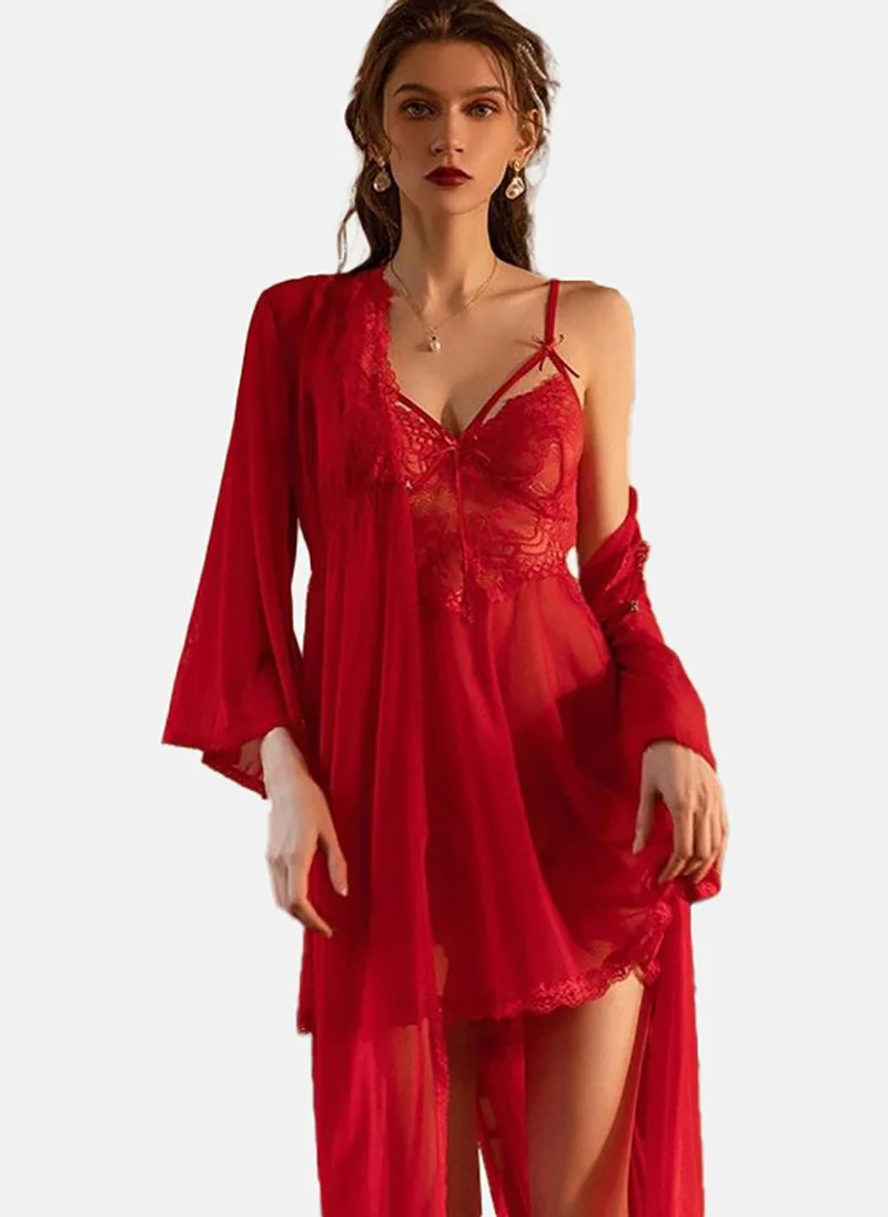 YUNIQEE Red Solid Babydoll with Robe