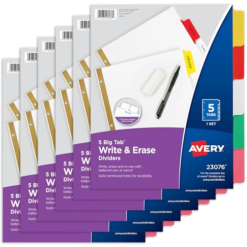 Avery Big Tab Write & Erase Dividers for 3 Ring Binders, 5-Tab Set, Multicolor Divider Tabs, Great for Organizing Projects, Reports, Finances, and More (6-Pack of 23076) - Image 1