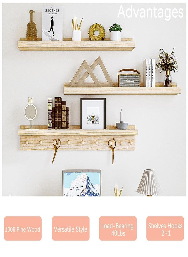 MBYD Wood Wall Shelf With Hooks - Floating Shelves for Bathroom, Nursery, Kids Room, Bedroom, Kitchen (Natural, 36 Inch) - Image 3