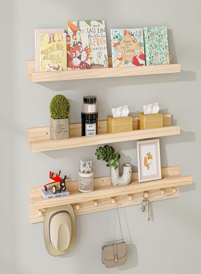 MBYD Wood Wall Shelf With Hooks - Floating Shelves for Bathroom, Nursery, Kids Room, Bedroom, Kitchen (Natural, 36 Inch) - Image 1