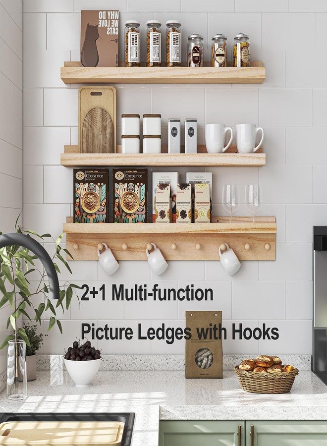MBYD Wood Wall Shelf With Hooks - Floating Shelves for Bathroom, Nursery, Kids Room, Bedroom, Kitchen (Natural, 36 Inch) - Image 2