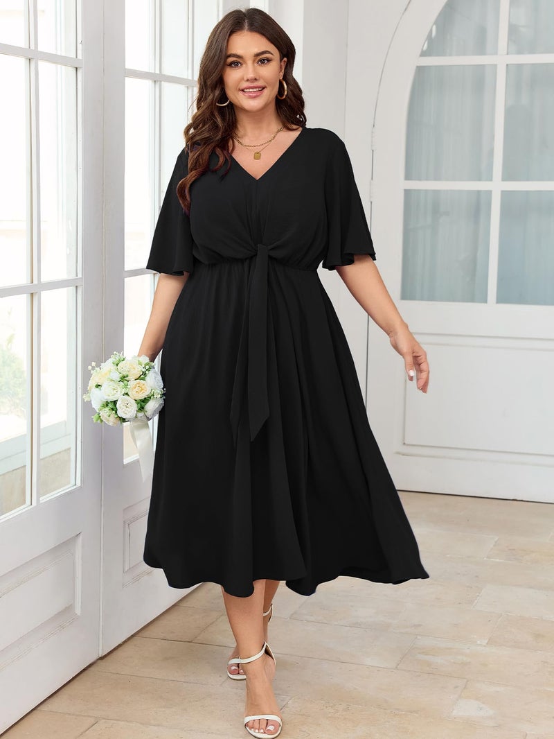 SCOMCHIC Women Plus Size Midi Dresses Wedding Guest Short Sleeve V Neck Tie Waist Casual Summer Flowy A Line Dress Black - Image 3