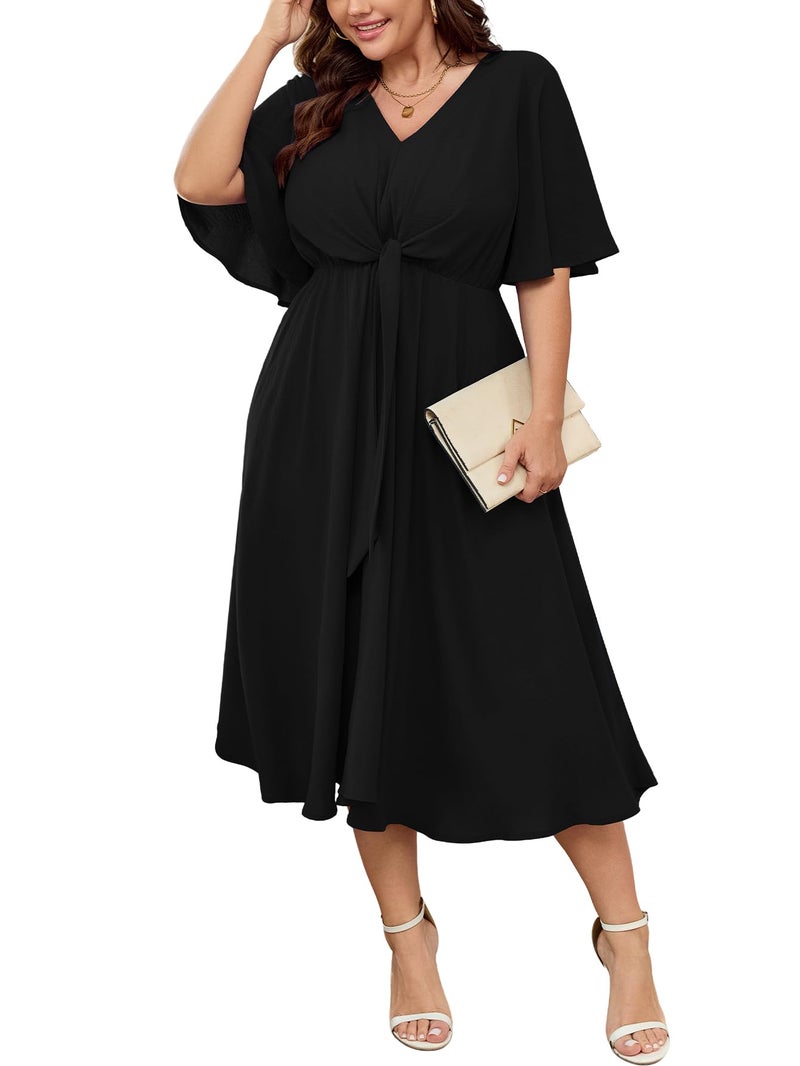 SCOMCHIC Women Plus Size Midi Dresses Wedding Guest Short Sleeve V Neck Tie Waist Casual Summer Flowy A Line Dress Black - Image 1