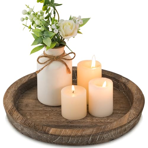 Hanobe Candle Plate Holder Tray Round Wood Decorative Candle Plate Decor Farmhouse Table Centerpiece Rustic Wood Tealight Pillar Trays for Christmas Wedding Halloween Home Decor