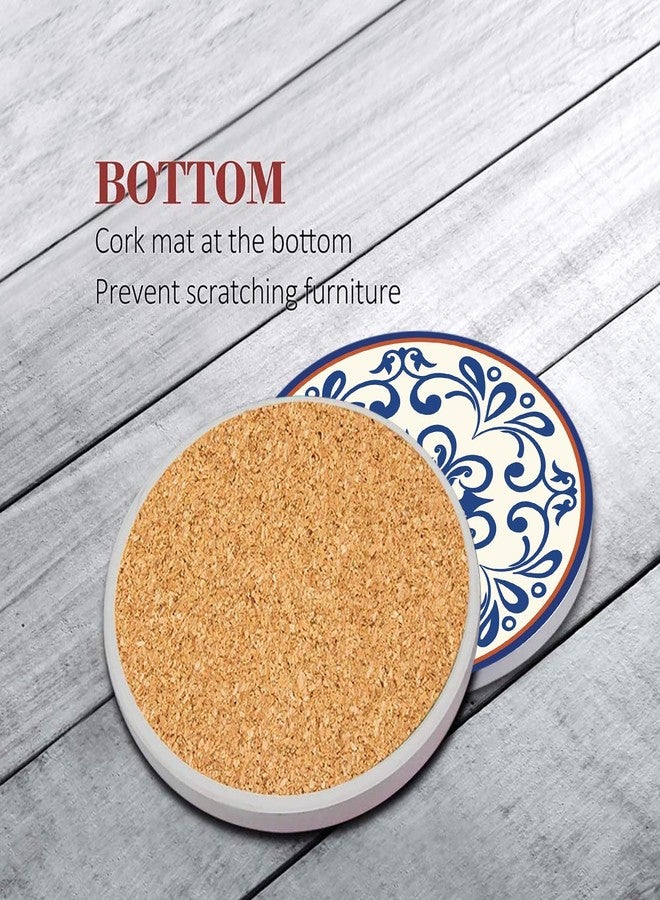Bribay Coaster for Drinks Set of 6, Blue Vintage Spanish Ceramic Floral Absorbent Round Ceramic Stone Mat, with Cork Base and Metal Holder, Gift for Housewarming Room Bar Decor - Image 2