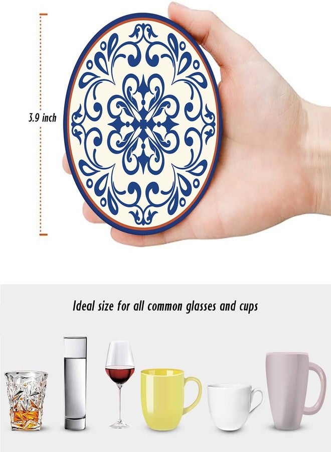 Bribay Coaster for Drinks Set of 6, Blue Vintage Spanish Ceramic Floral Absorbent Round Ceramic Stone Mat, with Cork Base and Metal Holder, Gift for Housewarming Room Bar Decor - Image 4