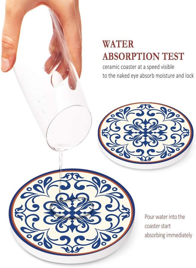 Bribay Coaster for Drinks Set of 6, Blue Vintage Spanish Ceramic Floral Absorbent Round Ceramic Stone Mat, with Cork Base and Metal Holder, Gift for Housewarming Room Bar Decor - Image 3
