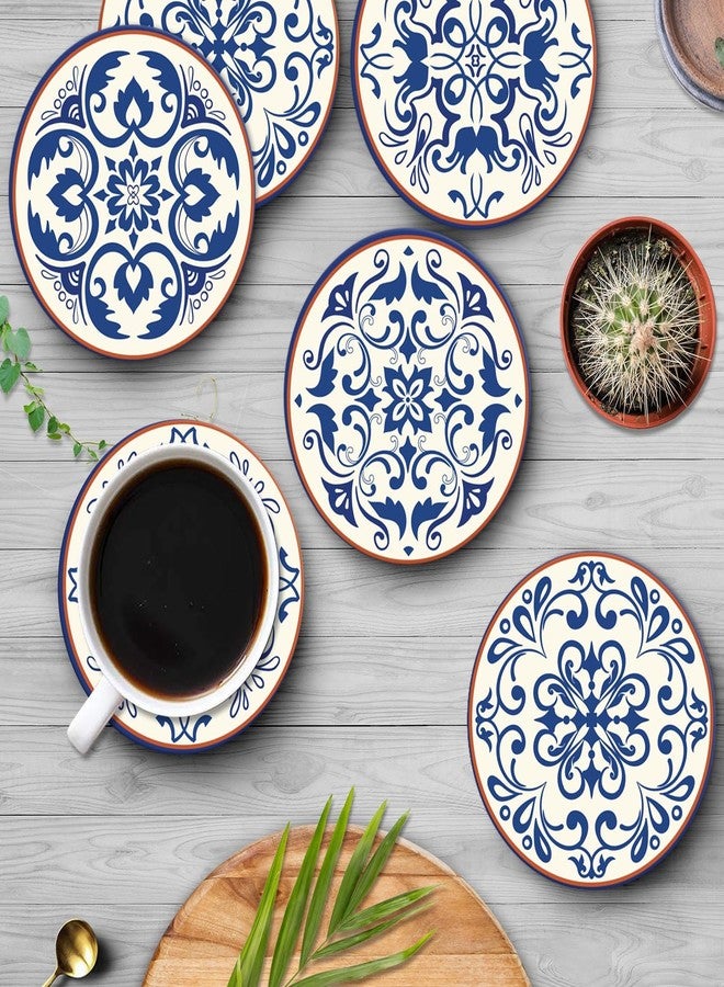 Bribay Coaster for Drinks Set of 6, Blue Vintage Spanish Ceramic Floral Absorbent Round Ceramic Stone Mat, with Cork Base and Metal Holder, Gift for Housewarming Room Bar Decor - Image 5