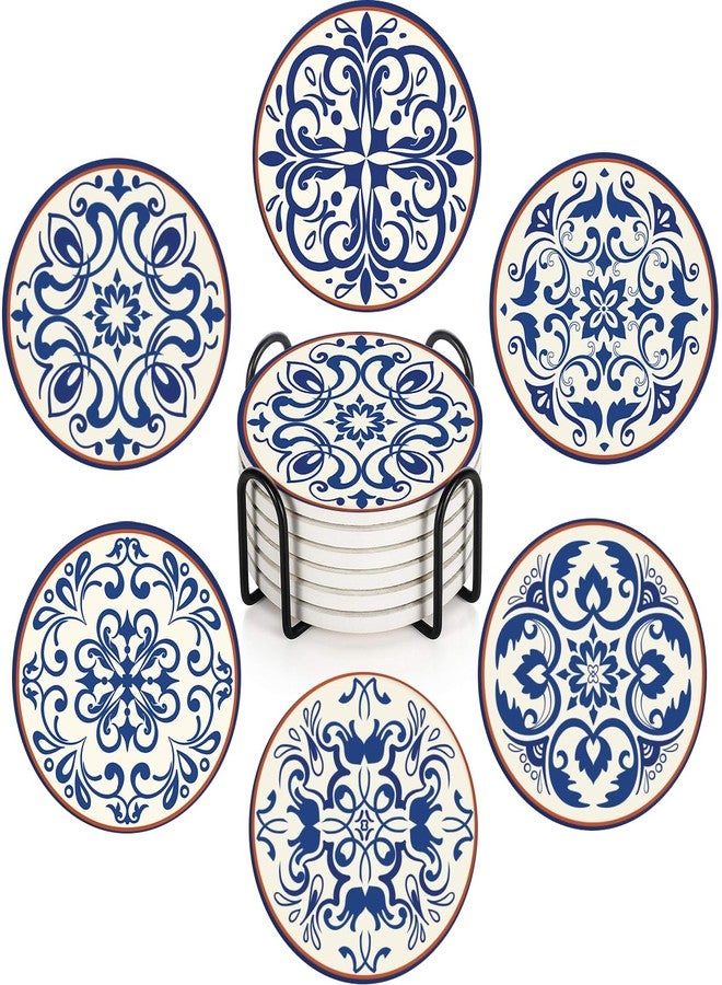 Bribay Coaster for Drinks Set of 6, Blue Vintage Spanish Ceramic Floral Absorbent Round Ceramic Stone Mat, with Cork Base and Metal Holder, Gift for Housewarming Room Bar Decor - Image 1