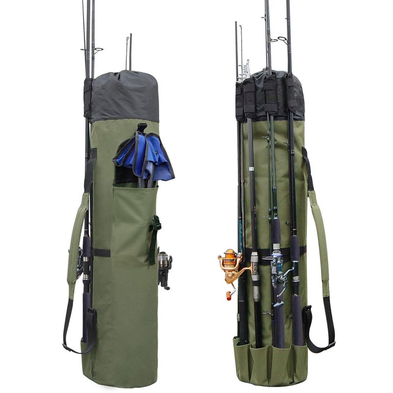 Allnice Durable Canvas Fishing Rod & Reel Organizer Bag Travel Carry Case Bag- Holds 5 Poles & Tackle, Khaki Green, Classic - Image 1