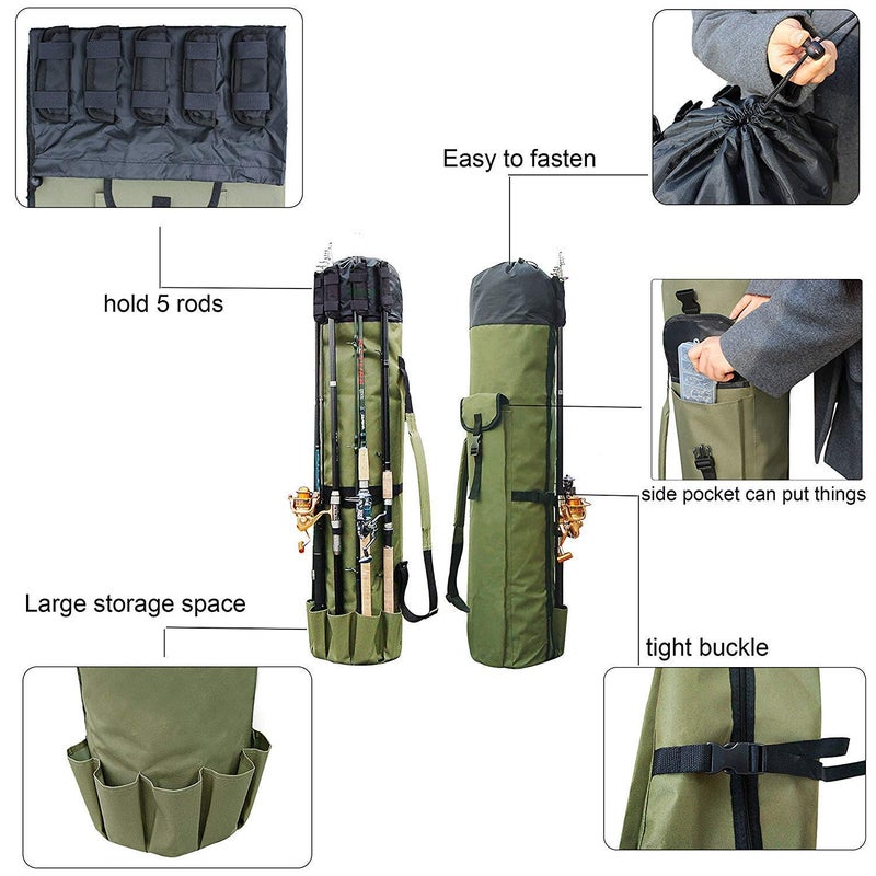 Allnice Durable Canvas Fishing Rod & Reel Organizer Bag Travel Carry Case Bag- Holds 5 Poles & Tackle, Khaki Green, Classic - Image 2