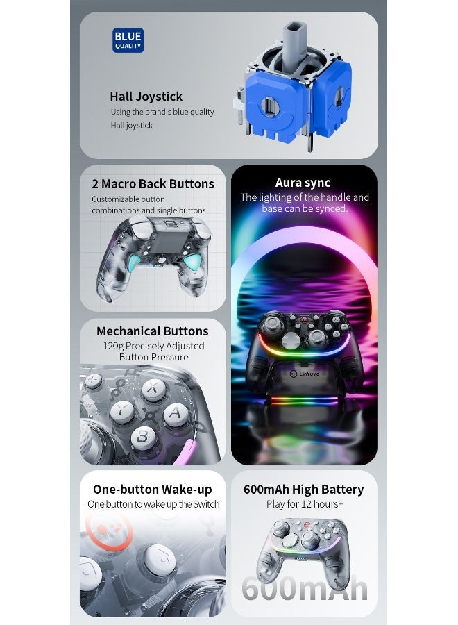 LinYuvo Wireless RGB Controller for Nintendo Switch/Switch Lite/Switch - OLED Model, Nintendo Switch 2, Prism LED Lighting, Full Motion Control Controller, Rechargeable Battery, Transparent Design. - Image 3