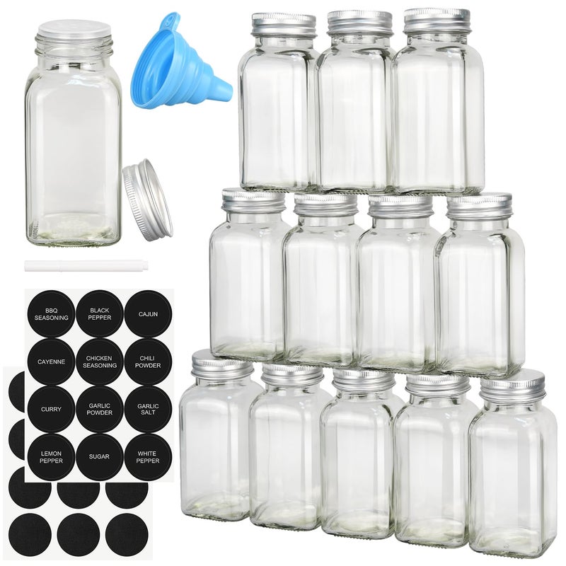 DkOvn 12pcs Glass Spice Jars 4oz Empty Spice Jars with Metal Caps Labels Shaker Lids Collapsible Funnel Chalk Pen Seasoning Organizer for Spice Rack