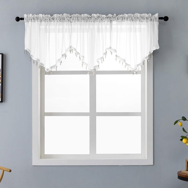 PearAge Beaded Triangle Sheer Valance Curtains for Living Room,Rod Pocket Farmhouse Window Valance, Bead Trim Tassel Voile Sheer Curtain Valance for Bedroom Bathroom Cafe 51x24 Inches (Ivory) 3 Pcs - Image 1