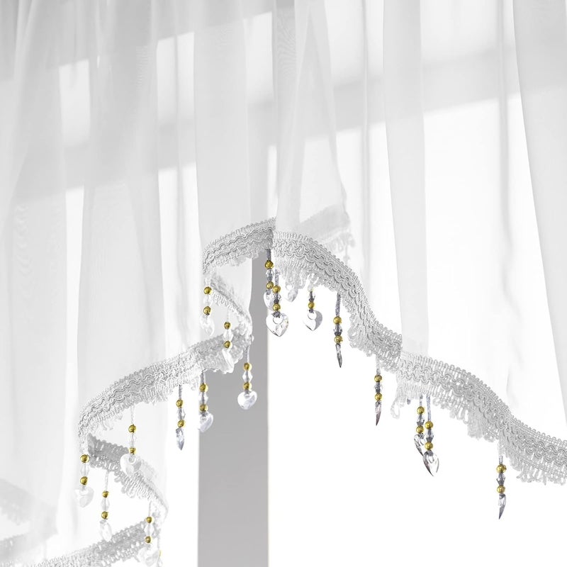 PearAge Beaded Triangle Sheer Valance Curtains for Living Room,Rod Pocket Farmhouse Window Valance, Bead Trim Tassel Voile Sheer Curtain Valance for Bedroom Bathroom Cafe 51x24 Inches (Ivory) 3 Pcs - Image 4