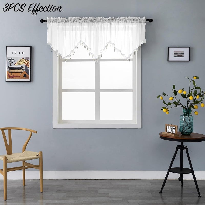 PearAge Beaded Triangle Sheer Valance Curtains for Living Room,Rod Pocket Farmhouse Window Valance, Bead Trim Tassel Voile Sheer Curtain Valance for Bedroom Bathroom Cafe 51x24 Inches (Ivory) 3 Pcs - Image 5