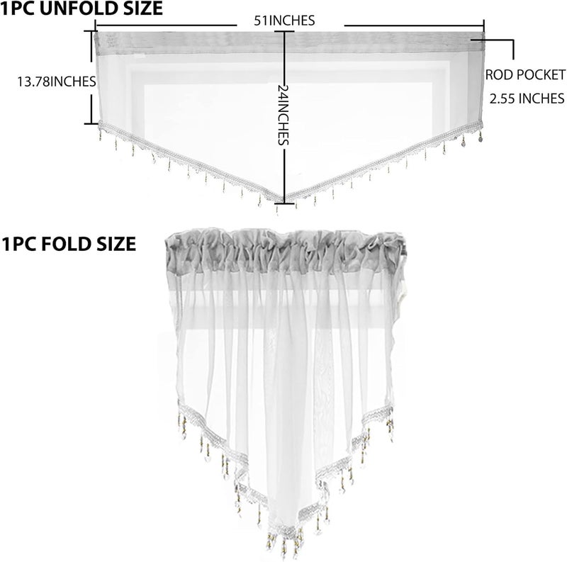 PearAge Beaded Triangle Sheer Valance Curtains for Living Room,Rod Pocket Farmhouse Window Valance, Bead Trim Tassel Voile Sheer Curtain Valance for Bedroom Bathroom Cafe 51x24 Inches (Ivory) 3 Pcs - Image 2