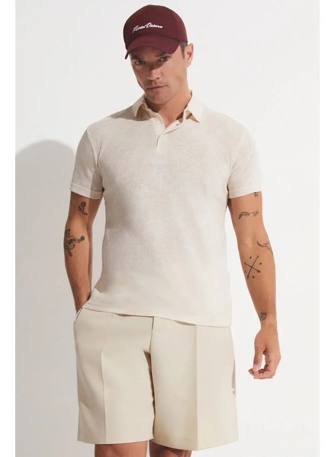 جون June Men Linen Looked Patterned Neck T-Shirt Beige