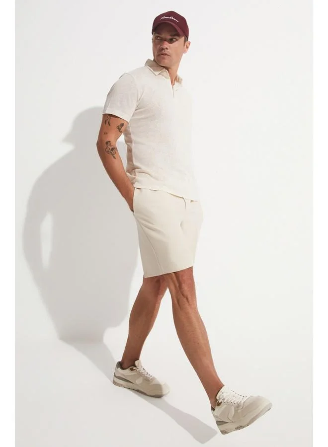 جون June Men Linen Looked Patterned Neck T-Shirt Beige