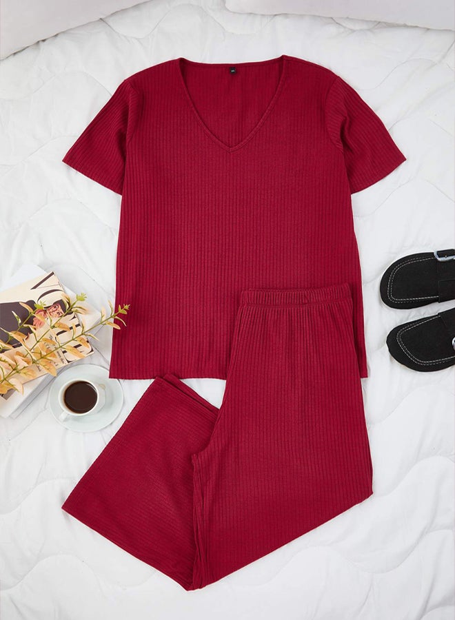 trendyol Burgundy Ribbed VNeck Capri Boy Knitted Pajama Set - Image 2