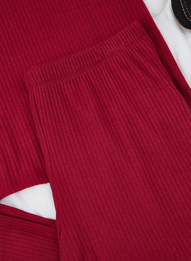 trendyol Burgundy Ribbed VNeck Capri Boy Knitted Pajama Set - Image 3