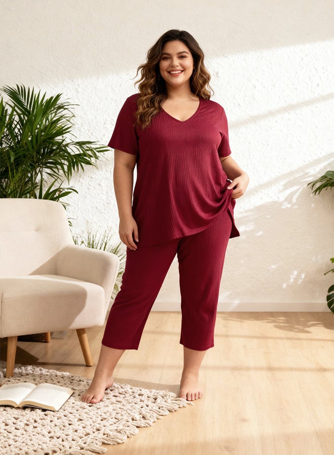 trendyol Burgundy Ribbed VNeck Capri Boy Knitted Pajama Set - Image 1