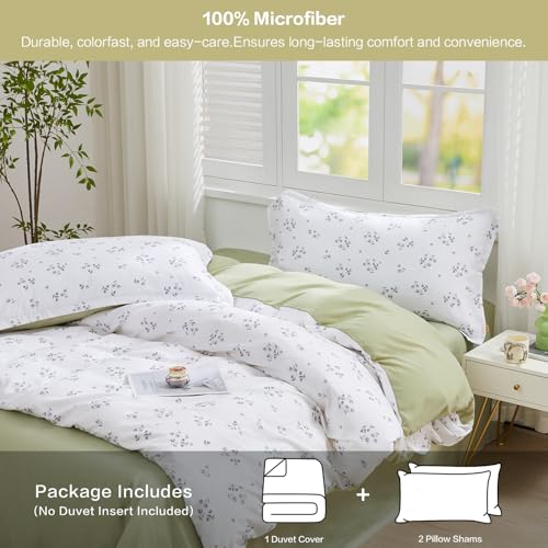 SAPHREAS Queen Duvet Covers White Cute Floral Bedding Set with 8 Corner Ties and 2 Pillow Shams Microfiber Reversible Duvet Cover Set with Zipper Closure?Green - Image 2