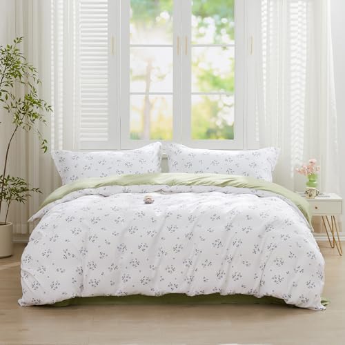 SAPHREAS Queen Duvet Covers White Cute Floral Bedding Set with 8 Corner Ties and 2 Pillow Shams Microfiber Reversible Duvet Cover Set with Zipper Closure?Green - Image 1