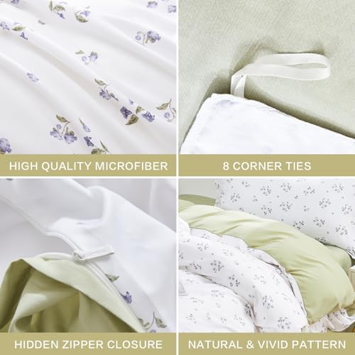 SAPHREAS Queen Duvet Covers White Cute Floral Bedding Set with 8 Corner Ties and 2 Pillow Shams Microfiber Reversible Duvet Cover Set with Zipper Closure?Green - Image 5