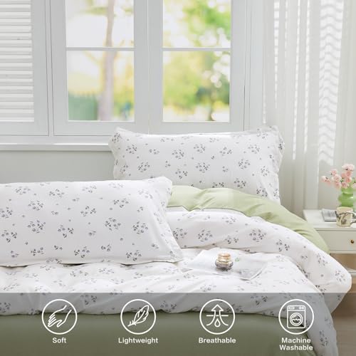 SAPHREAS Queen Duvet Covers White Cute Floral Bedding Set with 8 Corner Ties and 2 Pillow Shams Microfiber Reversible Duvet Cover Set with Zipper Closure?Green - Image 4