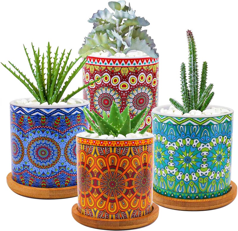 Yesland 4 Pack Succulent Plant Pots with Bamboo Tray, 3 Inch Ceramic Mandalas Pattern Cylinder Planter & Flower Pots with Drainage Hole, for Flowers, Cactus, Home, Garden, Office Decoration - Image 1