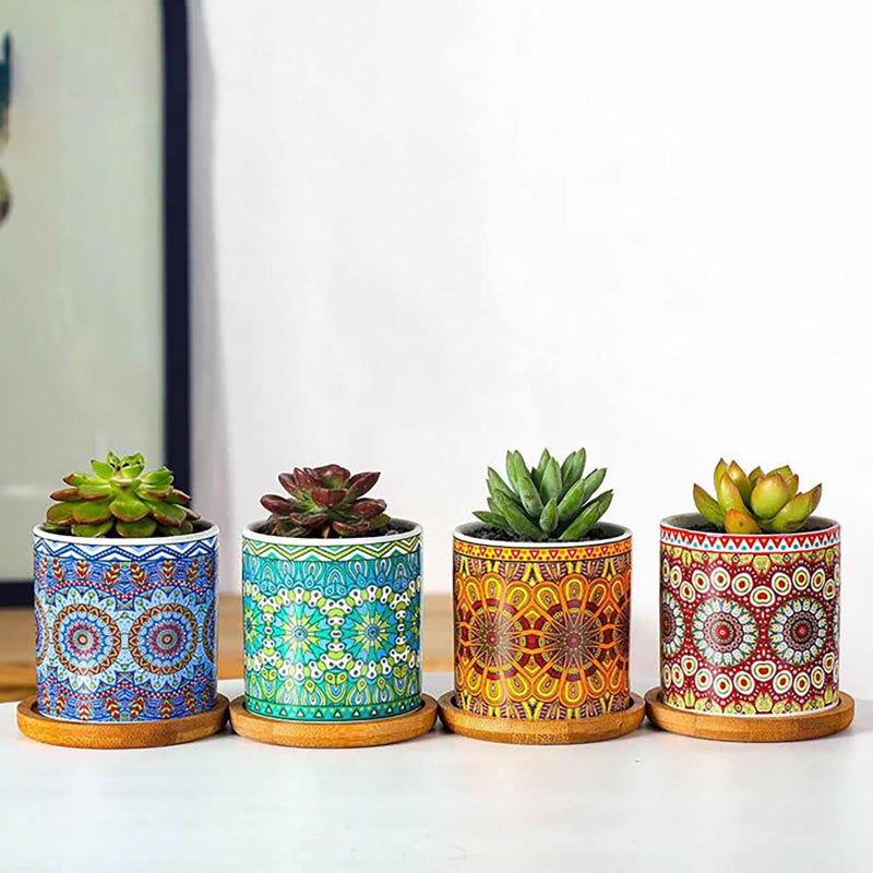 Yesland 4 Pack Succulent Plant Pots with Bamboo Tray, 3 Inch Ceramic Mandalas Pattern Cylinder Planter & Flower Pots with Drainage Hole, for Flowers, Cactus, Home, Garden, Office Decoration - Image 5