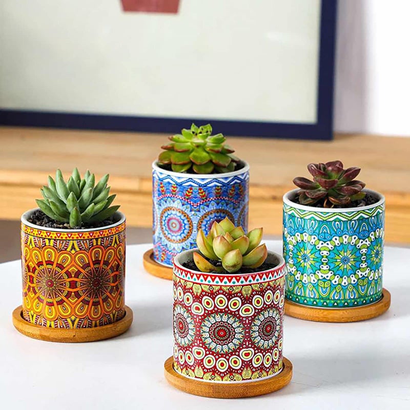 Yesland 4 Pack Succulent Plant Pots with Bamboo Tray, 3 Inch Ceramic Mandalas Pattern Cylinder Planter & Flower Pots with Drainage Hole, for Flowers, Cactus, Home, Garden, Office Decoration - Image 4
