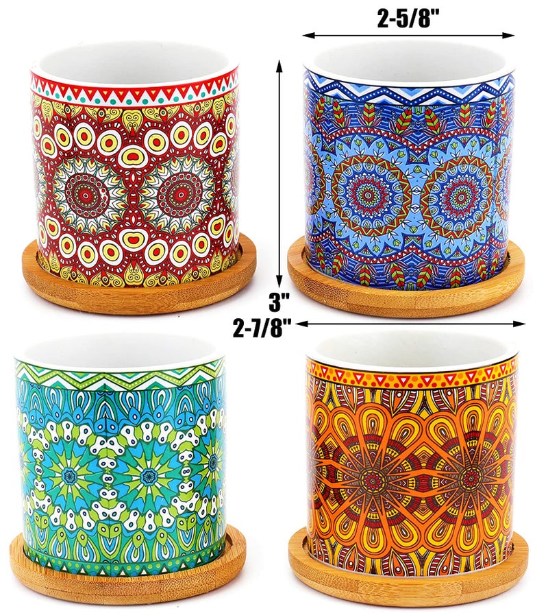 Yesland 4 Pack Succulent Plant Pots with Bamboo Tray, 3 Inch Ceramic Mandalas Pattern Cylinder Planter & Flower Pots with Drainage Hole, for Flowers, Cactus, Home, Garden, Office Decoration - Image 2