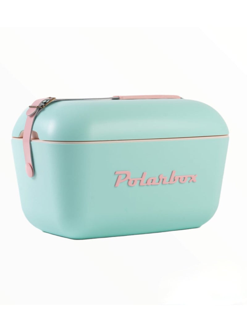 Polarbox® 12 L Ice Box - Portable - Rigid Thermal Insulated Cooler Box - For Outdoor Beach Picnic, Party Drinks & Food Use - Storage Box - Pop - Cyan/Baby Rose Cooler with Baby Rose Leather Strap - Image 1