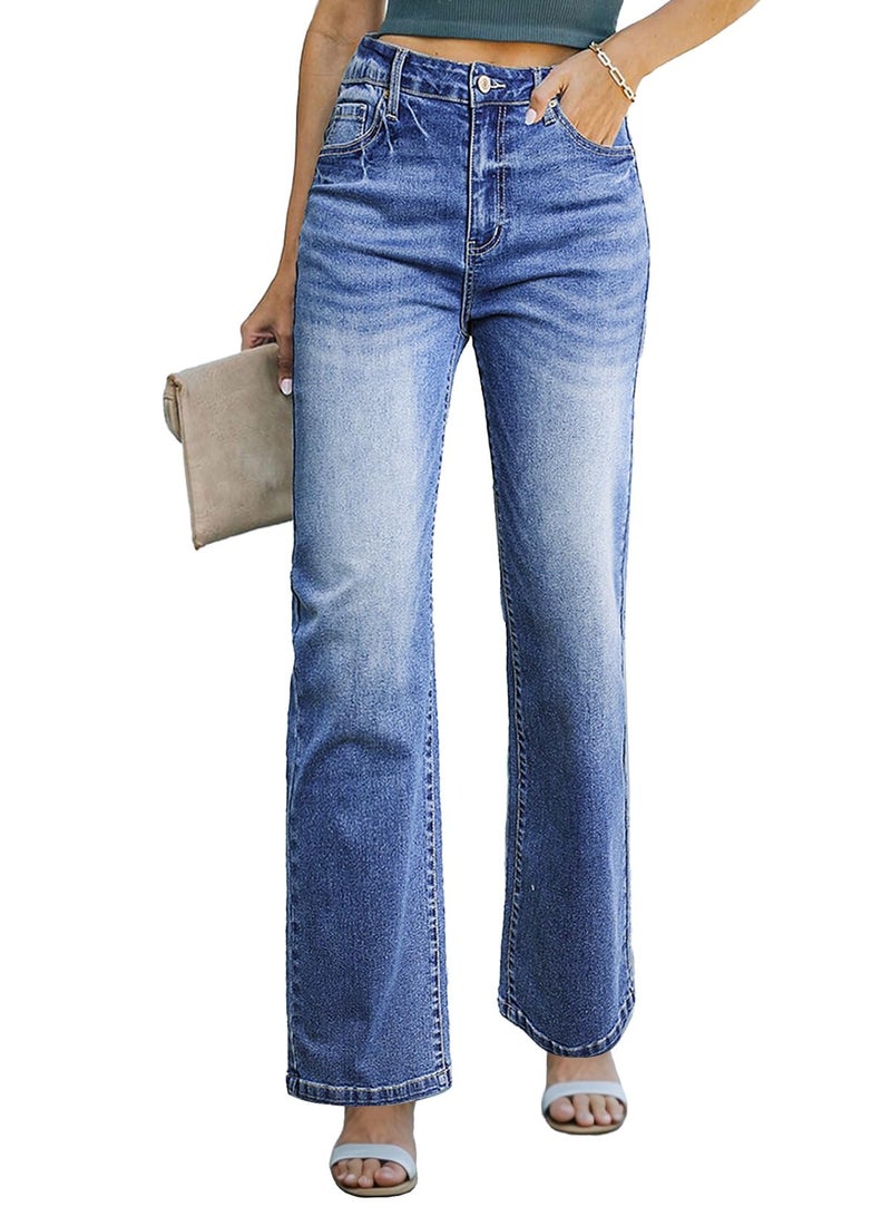 Sidefeel Women's Wide Leg Jeans Casual High Waisted Straight Denim Pants with Pockets Dark Blue Size 12 - Image 1
