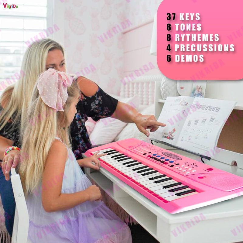 VikriDa Kids Keyboard Piano, 37 Keys Piano Keyboard with Power Option (37 Keys and 8 Tones, 8 Rhythms 4 Percussion) Pink - Image 5