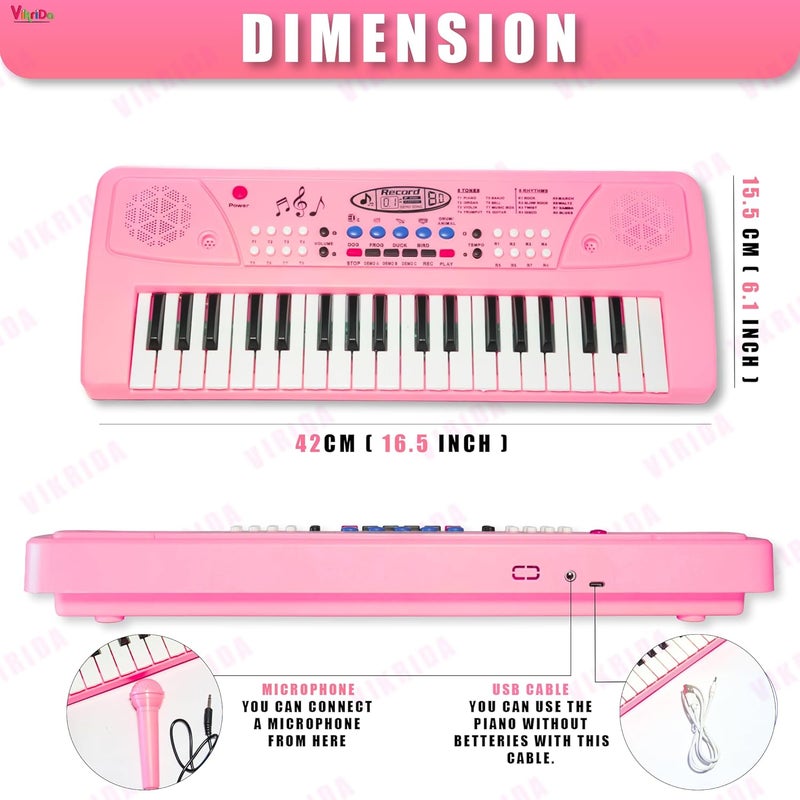 VikriDa Kids Keyboard Piano, 37 Keys Piano Keyboard with Power Option (37 Keys and 8 Tones, 8 Rhythms 4 Percussion) Pink - Image 4