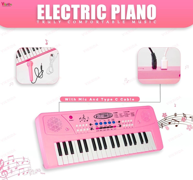 VikriDa Kids Keyboard Piano, 37 Keys Piano Keyboard with Power Option (37 Keys and 8 Tones, 8 Rhythms 4 Percussion) Pink - Image 3