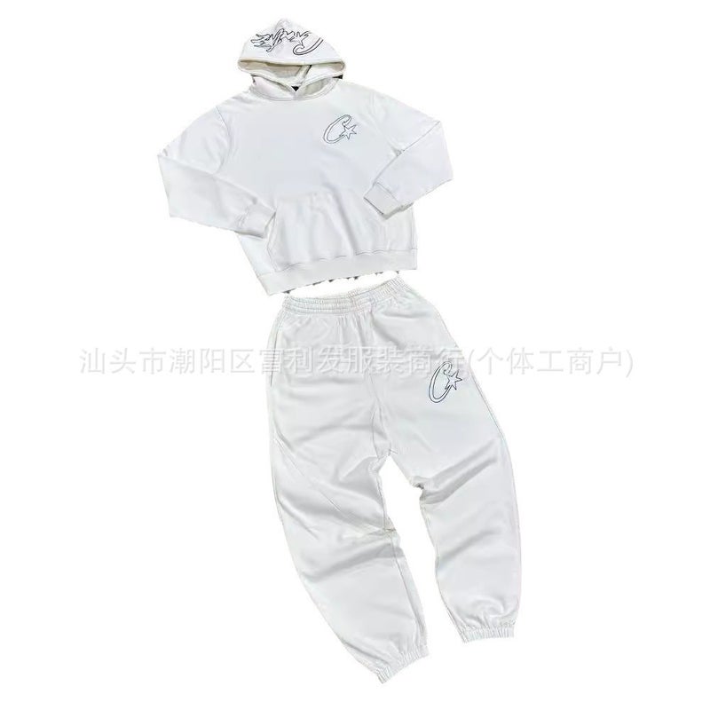 Spring street hip-hop mens sports suit casual two-piece suit cross-border new solid color hooded sweater trousers White suit
