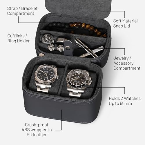 ROTHWELL 2 Watch Travel Case Storage Organizer for 2 Watches | Watch Case for Men and Women | Tough Portable Protection w/Zipper Fits All Wristwatches & Smart Watches Up to 50mm (Carbon) - Image 3