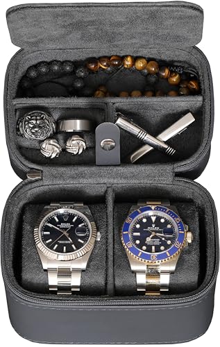 ROTHWELL 2 Watch Travel Case Storage Organizer for 2 Watches | Watch Case for Men and Women | Tough Portable Protection w/Zipper Fits All Wristwatches & Smart Watches Up to 50mm (Carbon) - Image 1